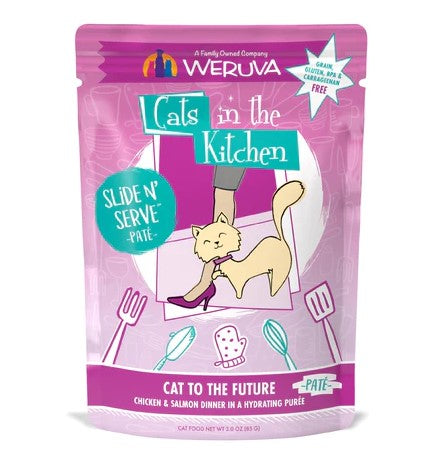Weruva Cats in the Kitchen Paté  Cat to The Future Chicken & Salmon Dinner in a Hydrating Purée, 3oz Pouch