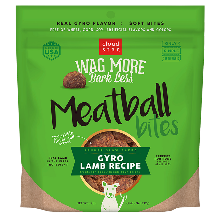Cloud Star Wag More Bark Less Grain Free Meatball Bites Gyro Lamb Recipe Dog Treats, 14oz