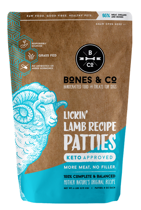 Bones & Co. Frozen Lickin' Lamb Patties for Dogs, 6lb bag of 8oz patties