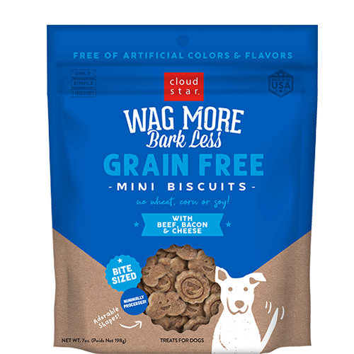 Cloud Star Wag More Bark Less Grain Free Mini Biscuits Beef, Bacon & Cheese Dog Treats, 7oz