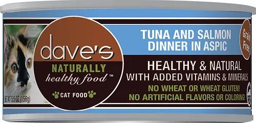 Dave's Naturally Healthy Grain Free Tuna & Salmon Dinner in Aspic Canned Cat Food, 3oz