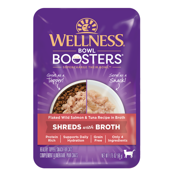 Wellness® Bowl Boosters® Shreds with Broth Flaked Wild Salmon & Tuna Recipe in Broth Cat Food Pouch, 1.75oz
