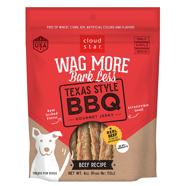 Cloud Star Wag More Bark Less Grain Free Texas Style BBQ Jerky, Beed Recipe Dog Treats, 10oz