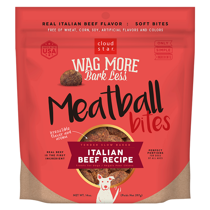 Cloud Star Wag More Bark Less Grain Free Meatball Bites, Italian Beef Recipe Dog Treats, 14oz