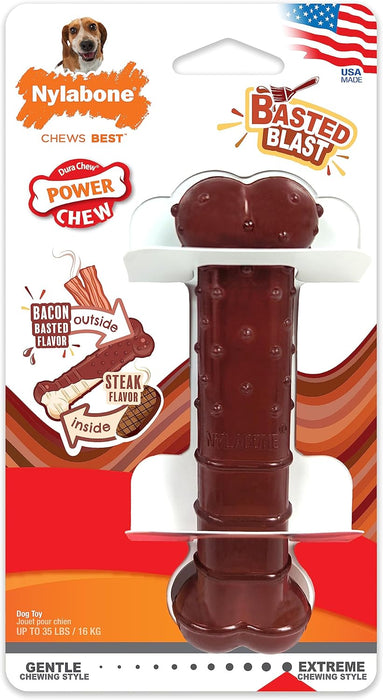 Nylabone Textured Bone Power Chew Dog Toy, Basted Blast Bacon & Steak Flavor, Medium Dogs - Up to 35lbs