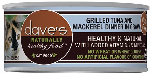 Dave's Naturally Healthy Grain Free Grilled Tuna & Mackerel Dinner In Gravy Canned Cat Food 5.5 oz