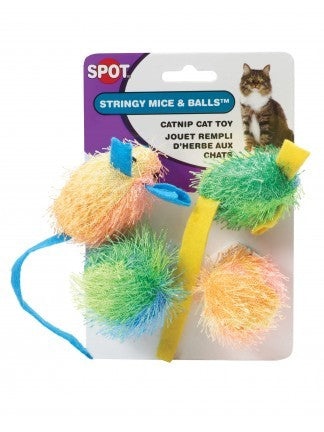 Spot Ethical Stringy Mice & Ball w/ Catnip, 4pk