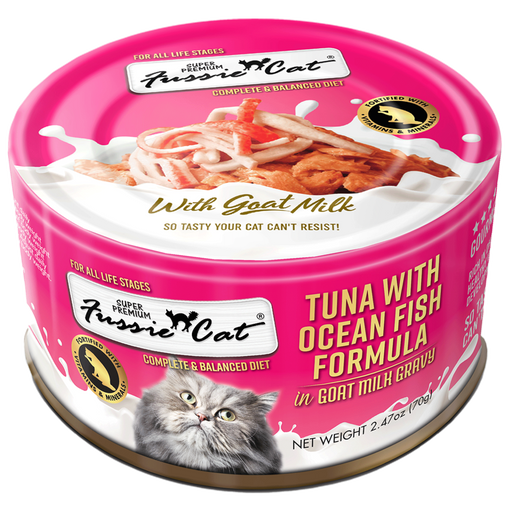 Fussie Cat Tuna with Oceanfish Formula in Goat Milk Gravy Canned Cat Food, 2.47oz