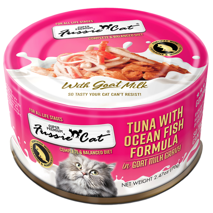 Fussie Cat Tuna with Oceanfish Formula in Goat Milk Gravy Canned Cat Food, 2.47oz