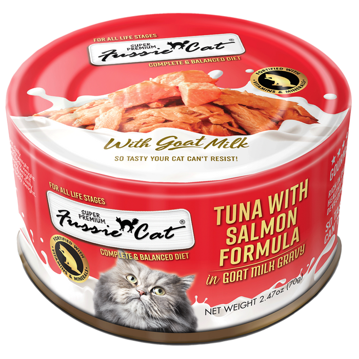 Fussie Cat Tuna with Salmon Formula in Goat Milk Gravy Canned Cat Food, 2.47oz