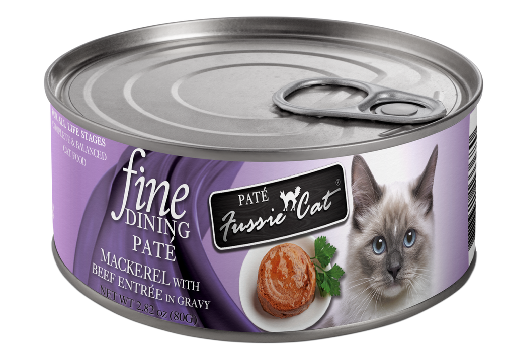 Fussie Cat Fine Dining - Pate - Mackerel with Beef Entree in gravy Canned Cat Food, 2.82oz