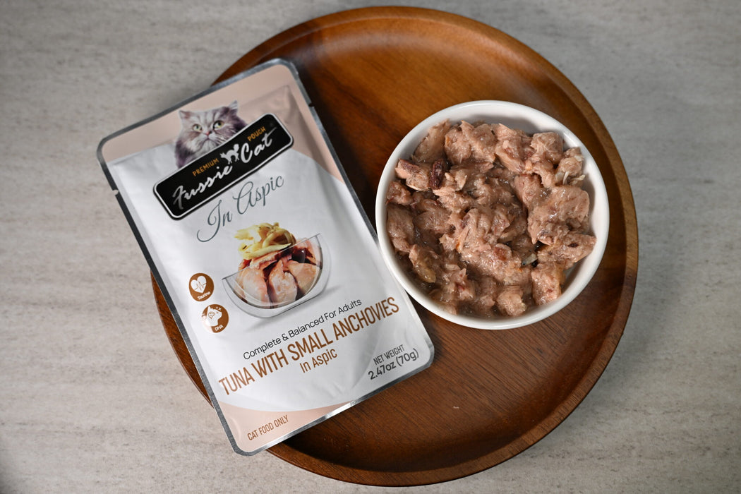 Fussie Cat Tuna with Small Anchovies in Aspic Cat Food Recipe, 2.47oz pouch