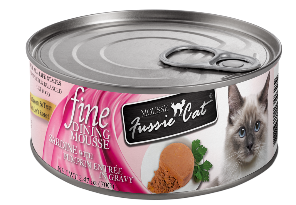 Fussie Cat Fine Dining - Mousse Sardine with Pumpkin Entree in Gravy Canned Cat Food, 2.47oz