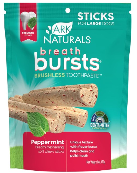 Ark Naturals Breath Bursts Brushless Toothpaste, Dog Dental Sticks for Large Breeds, Peppermint, 6 oz