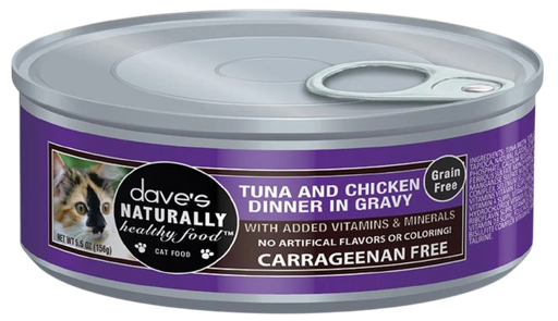 Dave's Pet Food Naturally Healthy Grain Free Tuna & Chicken Dinner in Gravy Canned Cat Food, 5.5 oz