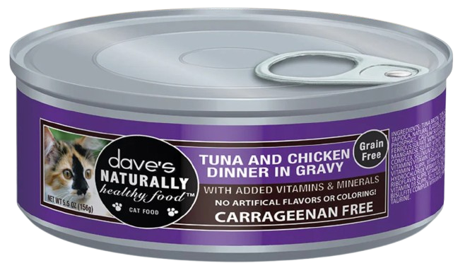 Dave's Pet Food Naturally Healthy Grain Free Tuna & Chicken Dinner in Gravy Canned Cat Food, 5.5 oz