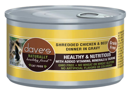 Dave's Pet Food Grain Free Shredded Chicken & Beef Dinner in Gravy Canned Cat Food, 2.8 oz