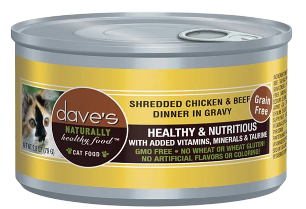 Dave's Pet Food Grain Free Shredded Chicken & Beef Dinner in Gravy Canned Cat Food, 2.8 oz