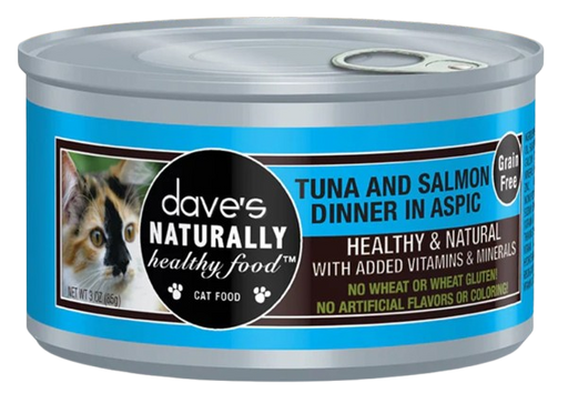 Dave's Pet Food Naturally Healthy Grain Free Tuna & Salmon Dinner in Aspic Canned Cat Food, 3 oz