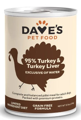 Dave's Premium Turkey & Turkey Liver 95% Meat Canned Dog Food 13oz