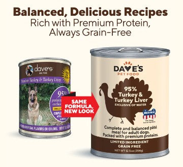 Dave's Premium Turkey & Turkey Liver 95% Meat Canned Dog Food 13oz