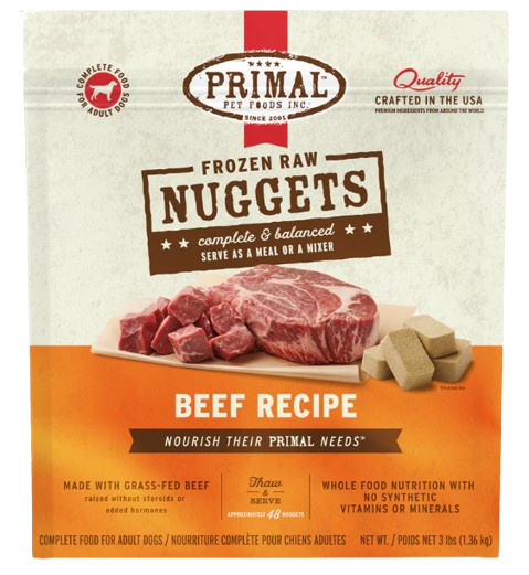 Primal Frozen Raw Nuggets for Dogs, Beef, 3lbs
