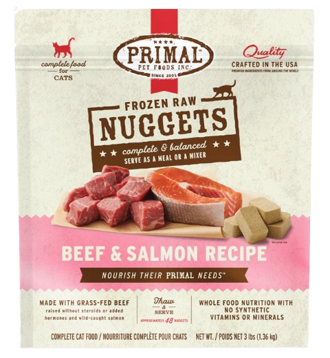Primal Frozen Raw Nuggets for Cats, Beef & Salmon, 3lbs
