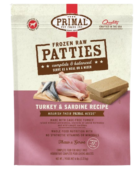 Primal Frozen Raw Patties for Dogs, Turkey & Sardines, 6lbs