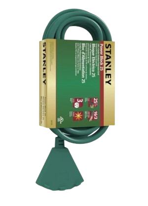 25' Stanley Green 3-prong Outdoor Power Cord With 3-outlet Block
