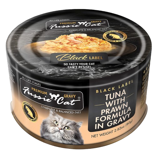 Fussie Cat Premium Black Label Tuna with Prawn Formula in Gravy Recipe Cat Food, 2.82oz can