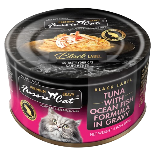 Fussie Cat Premium Black Label Tuna with Ocean Fish Formula in Gravy Recipe Canned Cat Food, 2.82oz