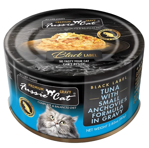 Fussie Cat Premium Black Label Tuna with Small Anchovies Formula in Gravy Recipe Canned Cat Food, 2.82oz