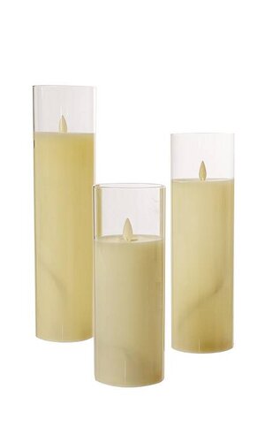 Flameless LED Glass Pillar Candles with Remote - Set of 3, Cream - 8"/10"/12"