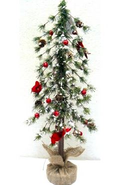 24" Artificial Snowy Ming Pine Tree with Burlap Base Cardinals Pine Cones