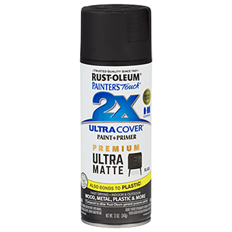 RUST-OLEUM Painter's Touch 2X Ultra Cover Ultra Matte Spray Paint, Black, 12 oz.