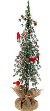 32" Artificial Snowy Ming Pine Tree with Burlap Base Cardinals Pine Cones
