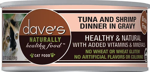Dave's Naturally Healthy Grain Free Tuna & Shrimp Dinner in Gravy Canned Cat Food 5.5 oz