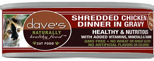 Dave's Naturally Healthy Grain Free Shredded Chicken Dinner in Gravy Canned Cat Food 5.5 oz