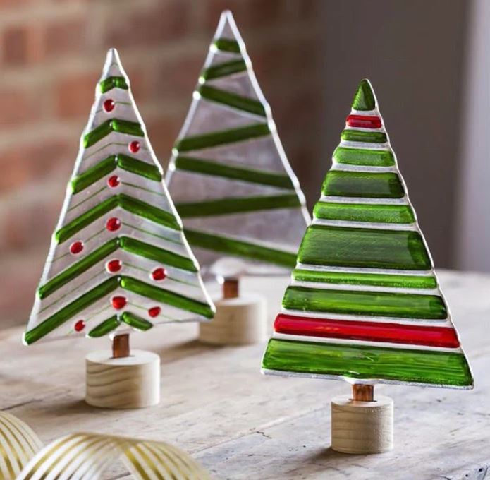 Glass Holiday Tree Tabletop Decor with Wooden Base