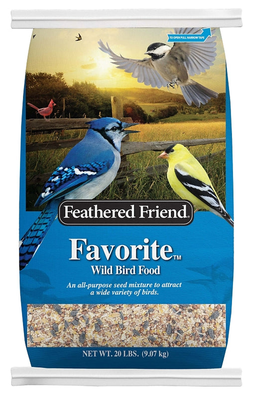 A bag of Feathered Friend Bird Seed Favorite, Wild Bird Food, featuring images of birds on the front and a net weight of 20 lbs.