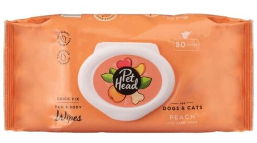 Pet Head Quick Fix 2-in-1 Paw & Body Wipes for Dogs & Cats, Peach, 80pk