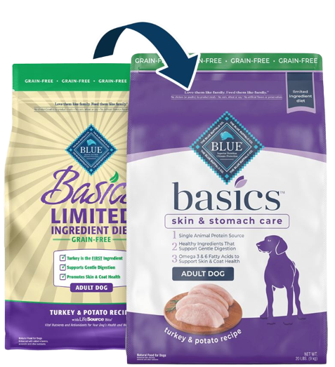 Blue Buffalo BLUE Basics Grain Free Adult Turkey and Potato, Skin & Stomach Care, Dry Dog Food