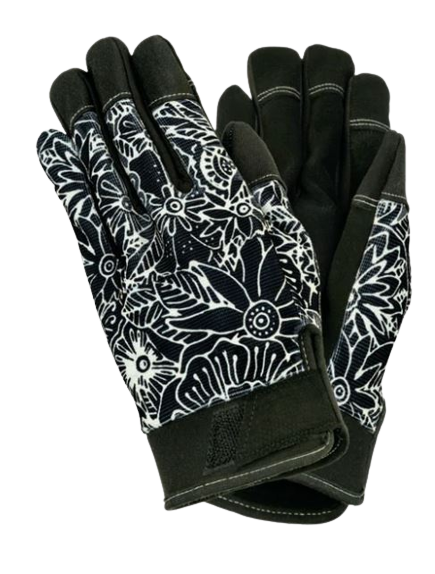 Laurel Burch Work Gloves, Black & White Floral